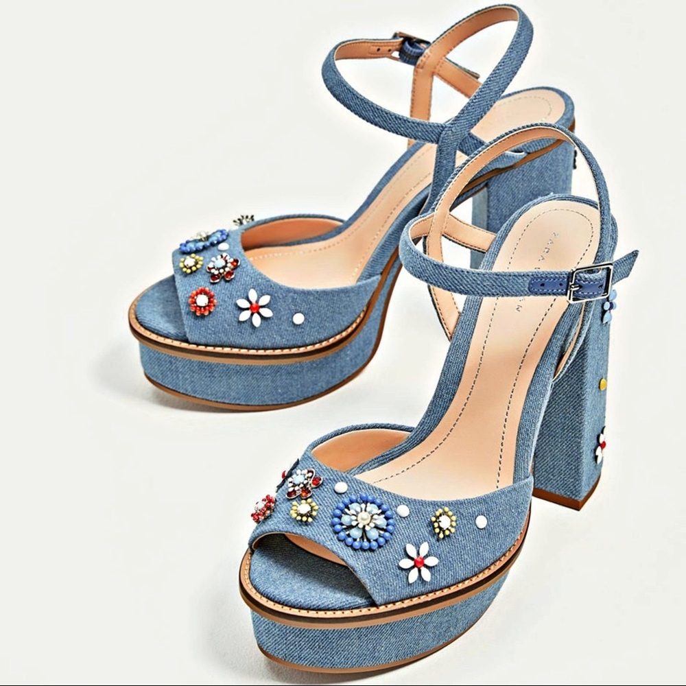 Zara Blue Embellished Denim Platform Heels
